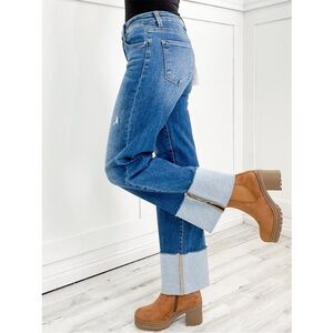 RISEN High Rise, Wide Leg Cuffed Raw Edge Jeans